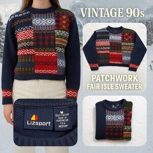 LIZ SPORT Vintage 90’s Medium Multicolor Patchwork Sweater Fair Isle 100% Cotton